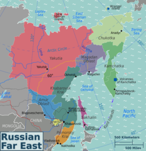 Map showing the different sections of the Russian Far East.  Vladivostok is near the bottom of the map.   Original work by Peter Fitzgerald for WikiTravel. 