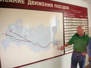 A map showing the Trans-Siberian railroad, the longest railroad in the world.  The gentleman is pointing to Vladivostok, the eastern terminus of the railroad.